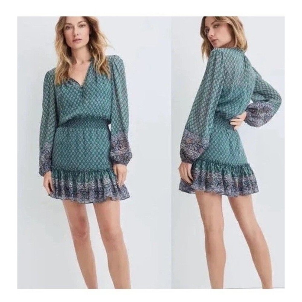 Veronica Beard Destiny Printed Smocked Waist Silk Mini Dress Size 2 Green